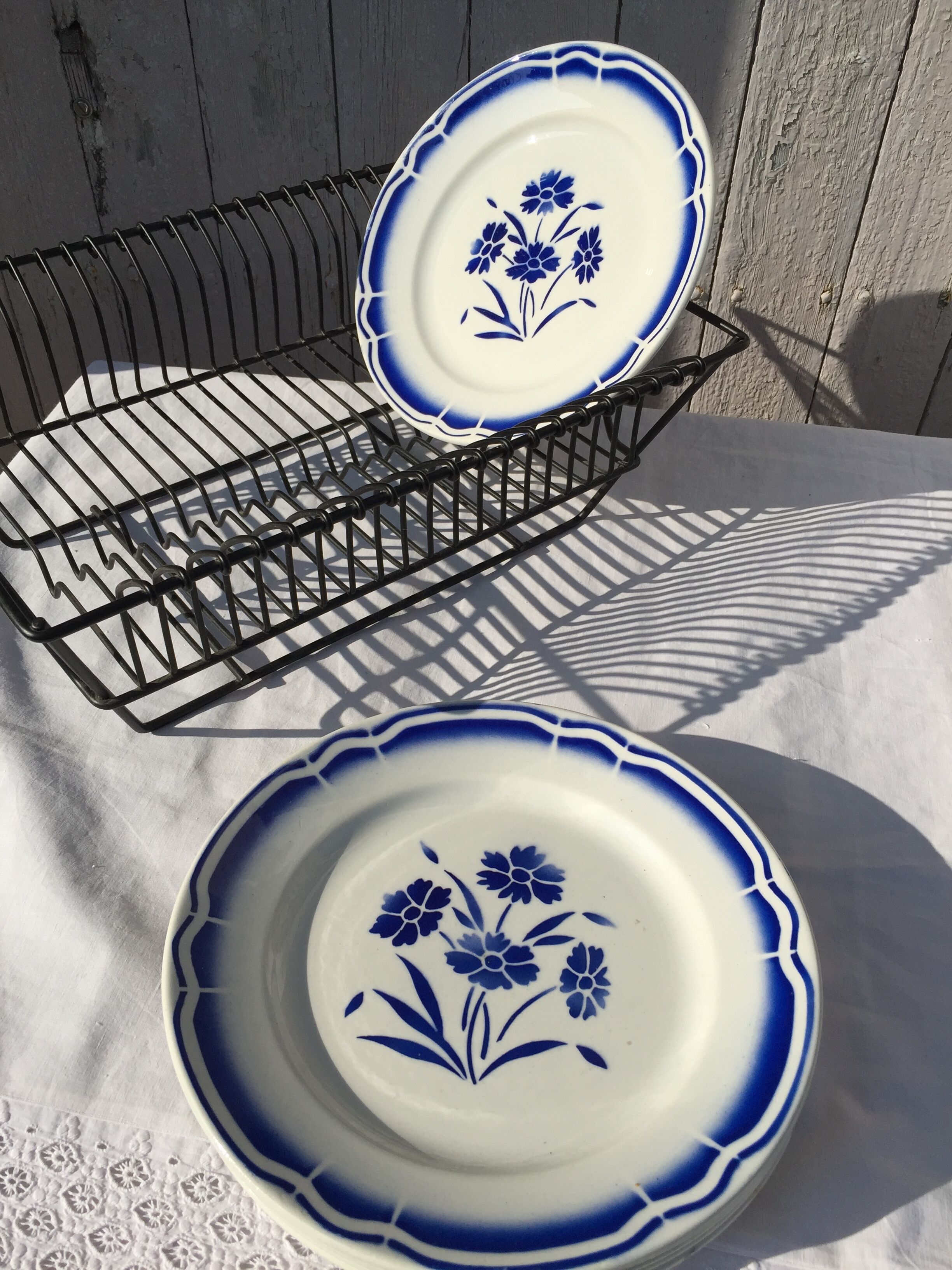 6 old plates on the ground "blue flowers"