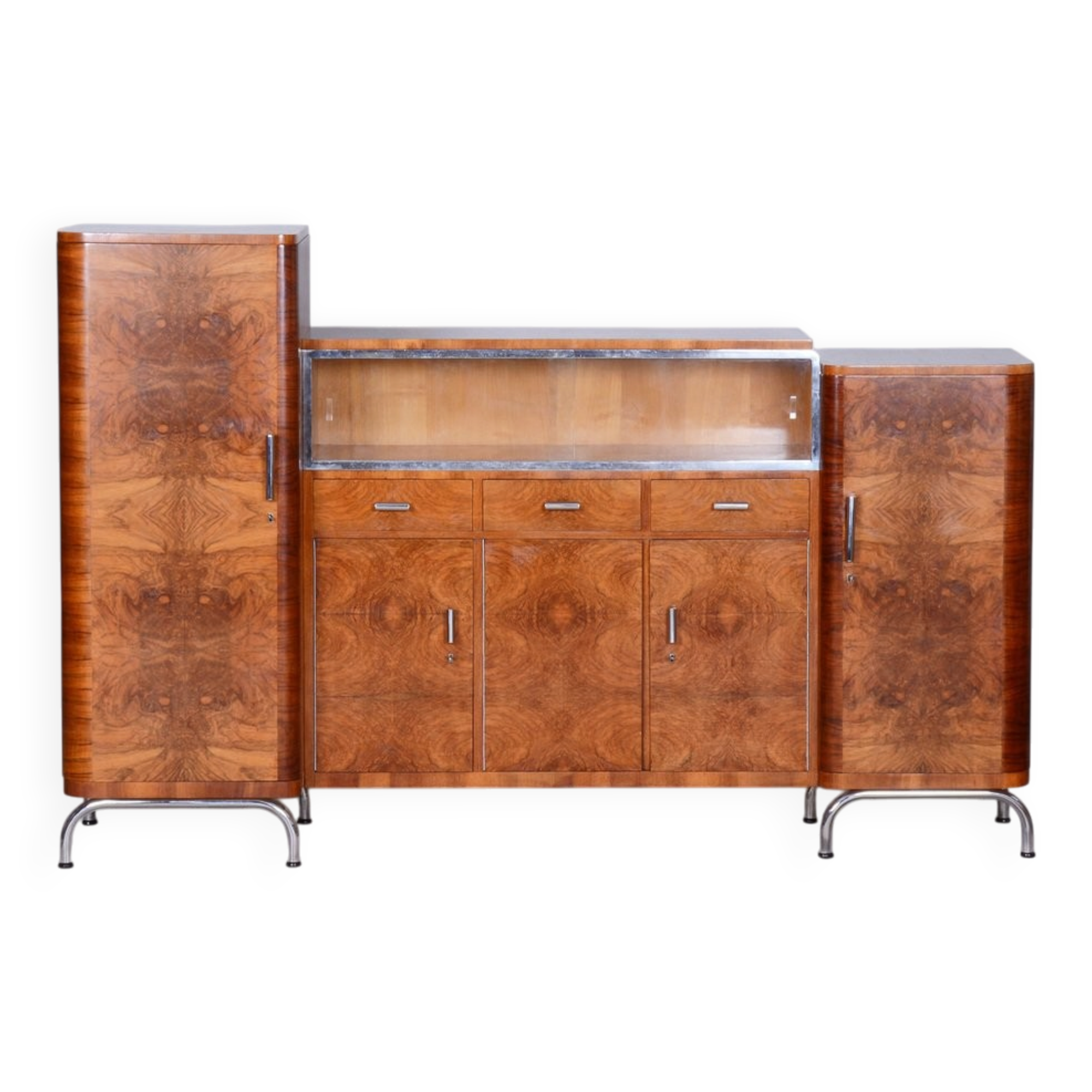 Bauhaus Czechia Sideboard in Walnut and Chrome-Plated Steel by Robert Slezak, 1930s