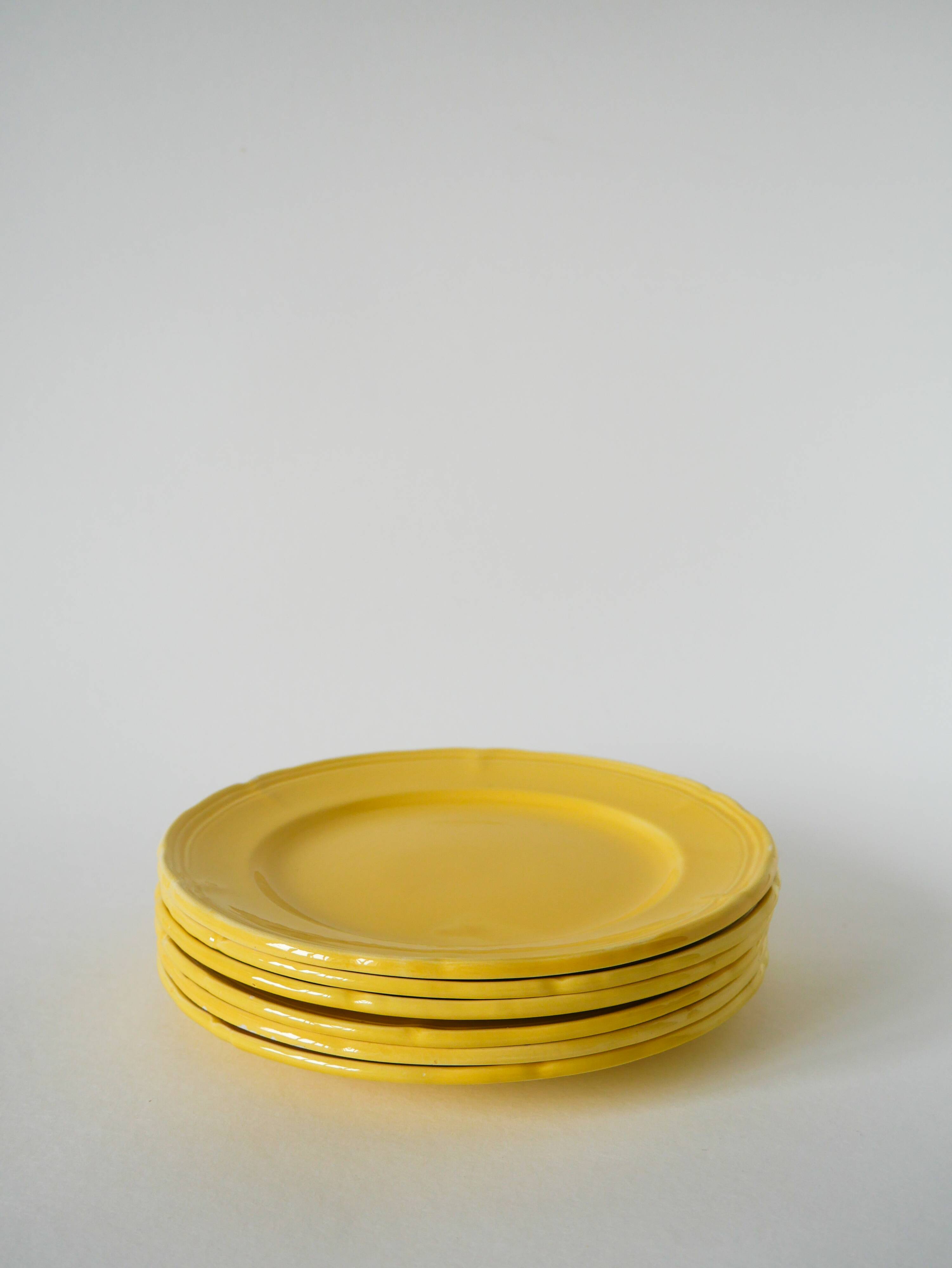 Set of 6 Badonviller lemon yellow dessert plates, 1960