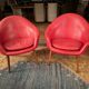 2 Hans Olsen armchairs, 1950s, red leather finish.