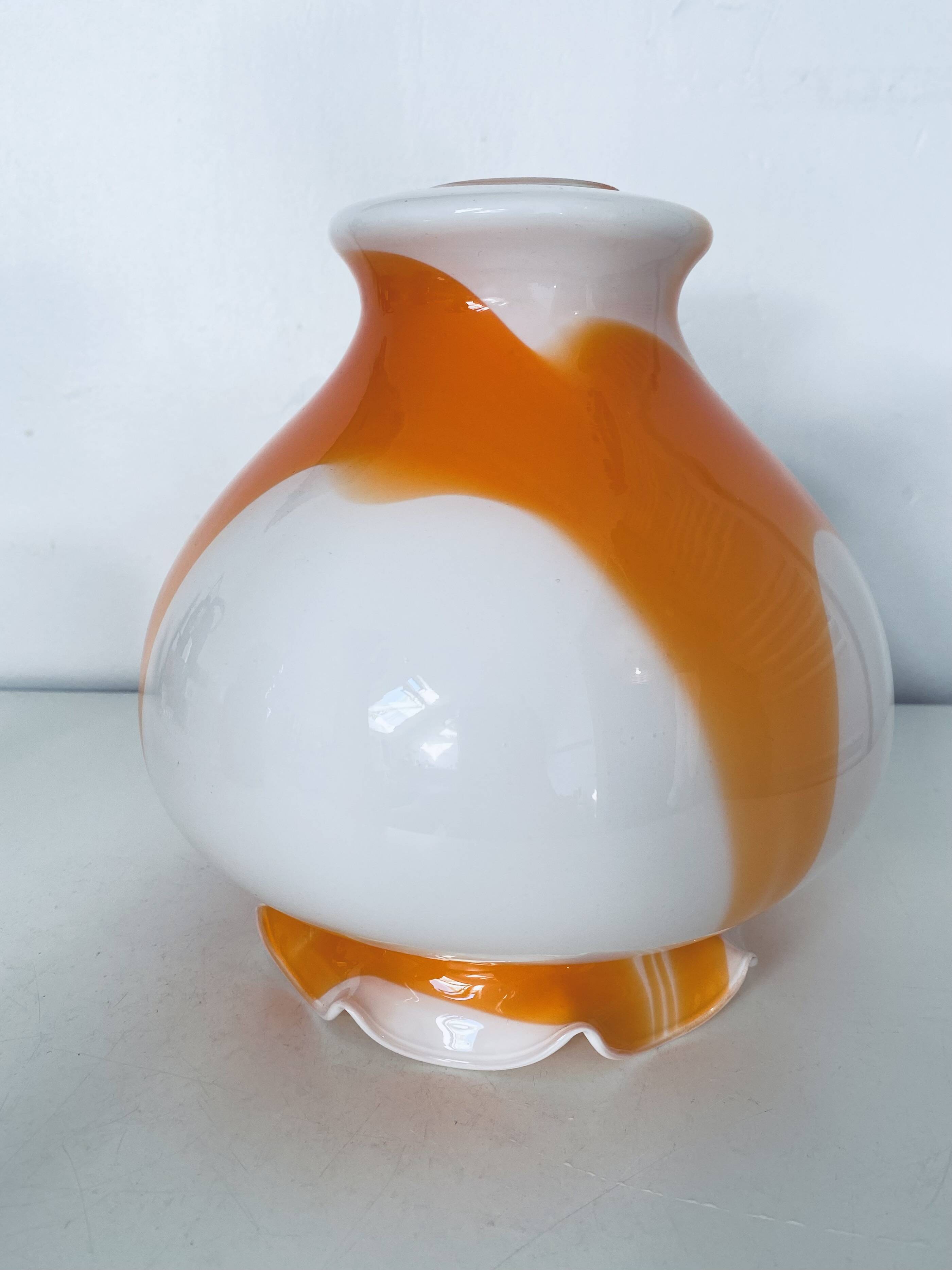 Globe lampshade in orange and white glass, vintage 1970s Space Age.