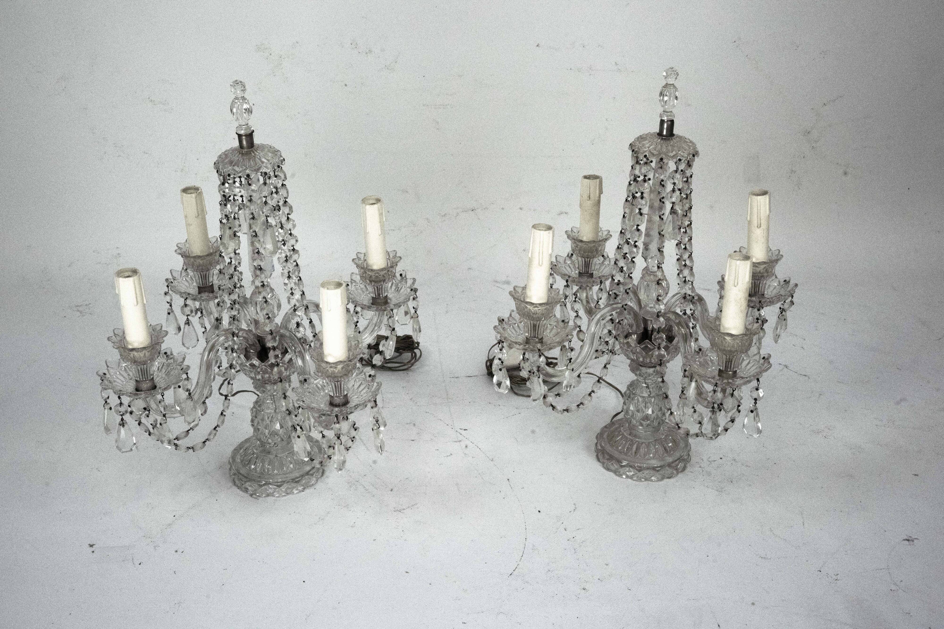 Lampes de table en cristal Maria Theresa avec candélabres. Ensemble de deux. Italie, années 1940.