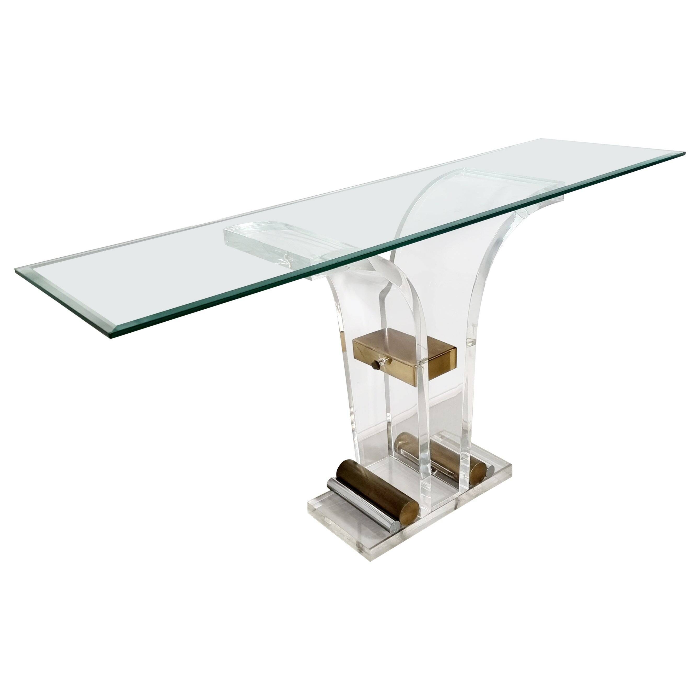 Console table by Charles Hollis Jones in lucite, brass, and glass, 1970.