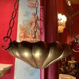 Italian Art Nouveau Hanging Bowl Pendant Lamps or Planters in Hand-Hammered Brass, 1890s, Set of 2