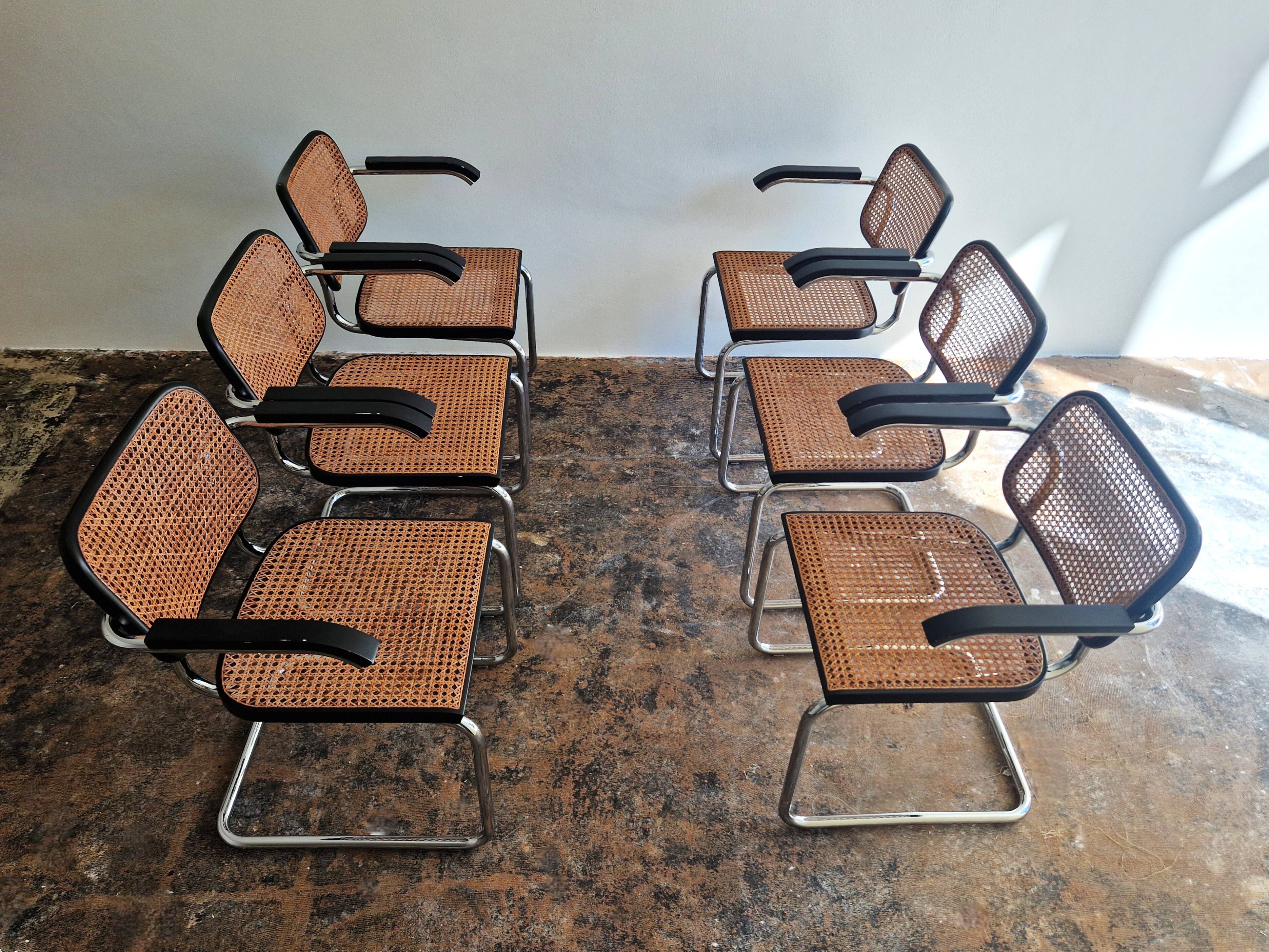 Set of 6 'Cesca' Chairs with armrests by Marcel Breuer produced by KnollStudio
