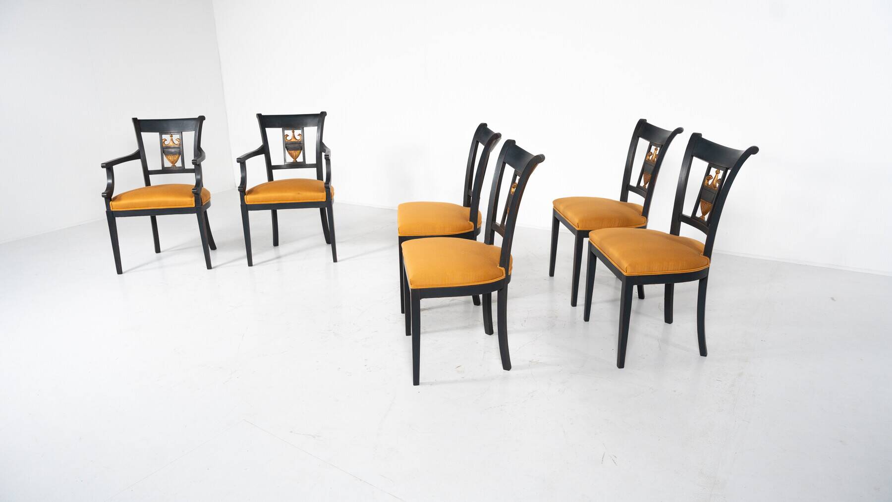 Set of 2 Black and Gold Armchairs and 4 Chairs, Empire style