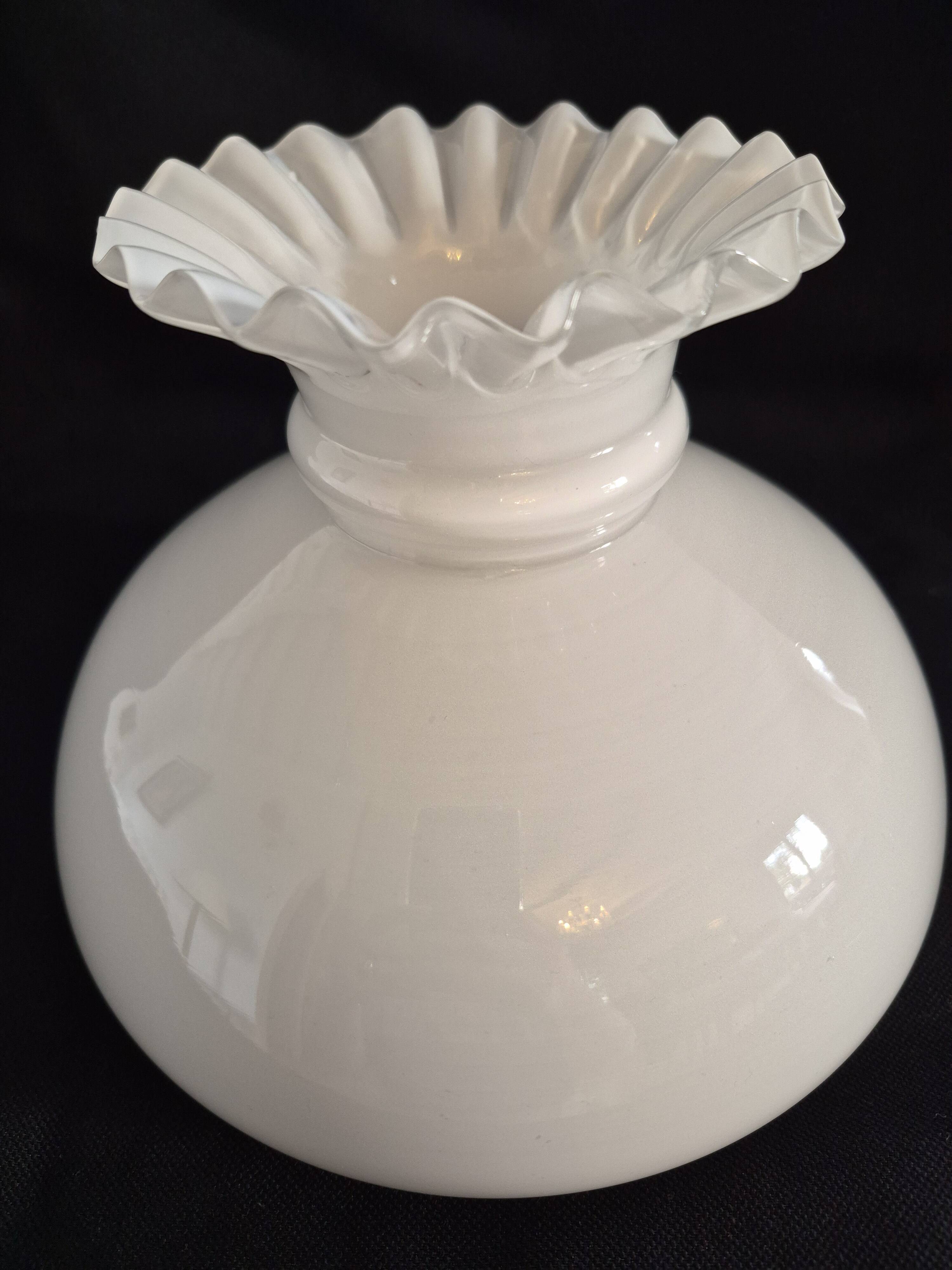 Antique lampshade in white opaline, with a beautifully pronounced scalloped neck.