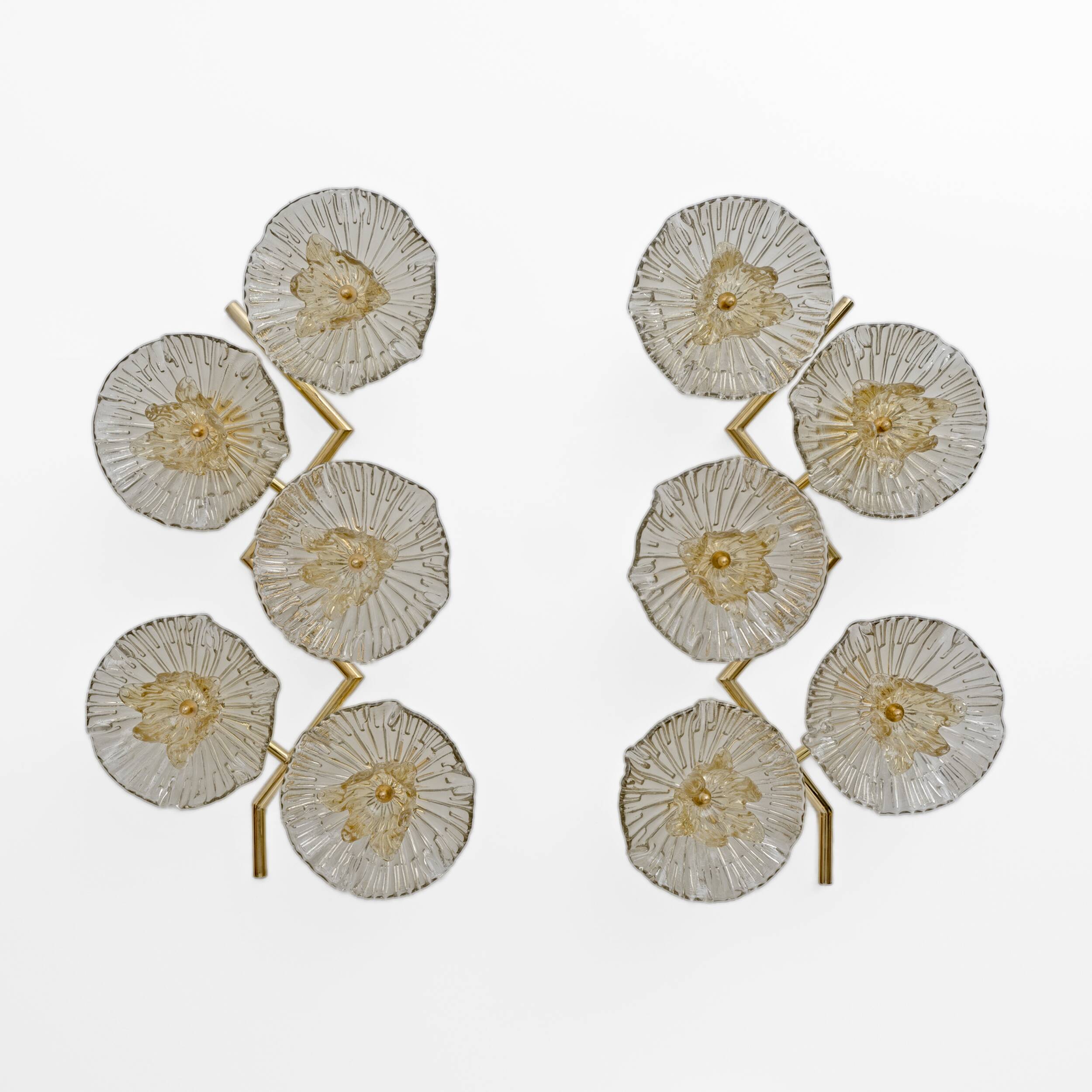 Pair of Modern Italian Murano Glass and Brass Flowers Wall Lamps