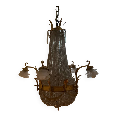 Grand lustre Empire Montgolfière XIXème en bronze et cristal
