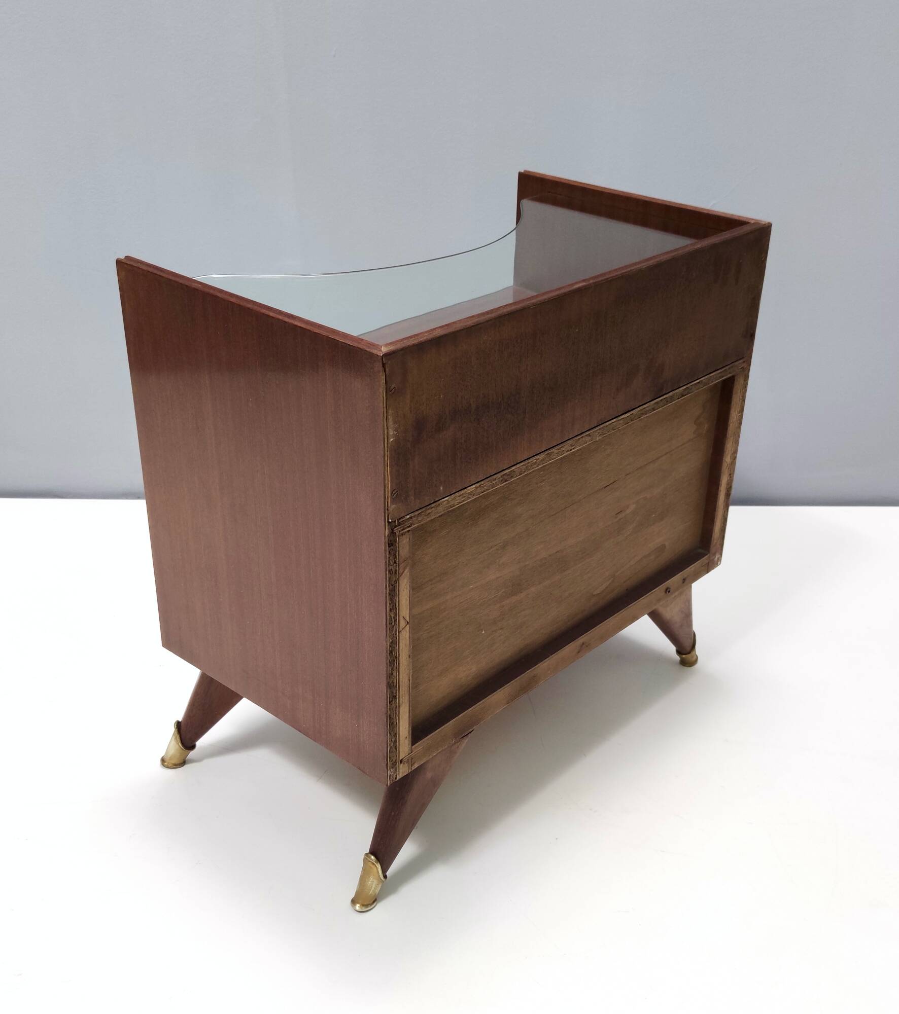 Pair of Elegant Walnut Nightstands with a Crystal Top Shelf