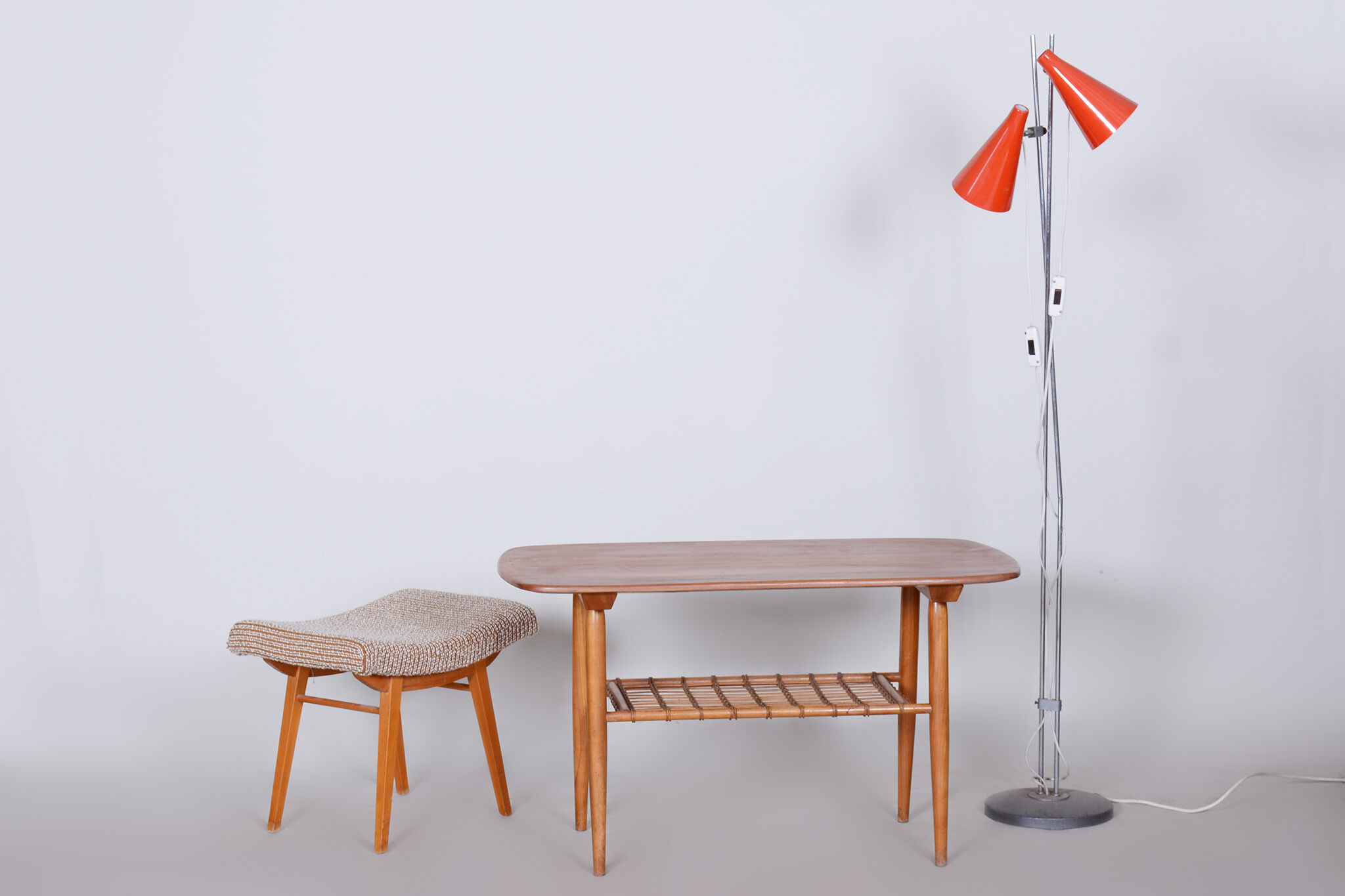 Restored Mid-Century Style Coffee Table, Cherry-Tree, Rattan, 1950s, Czechia