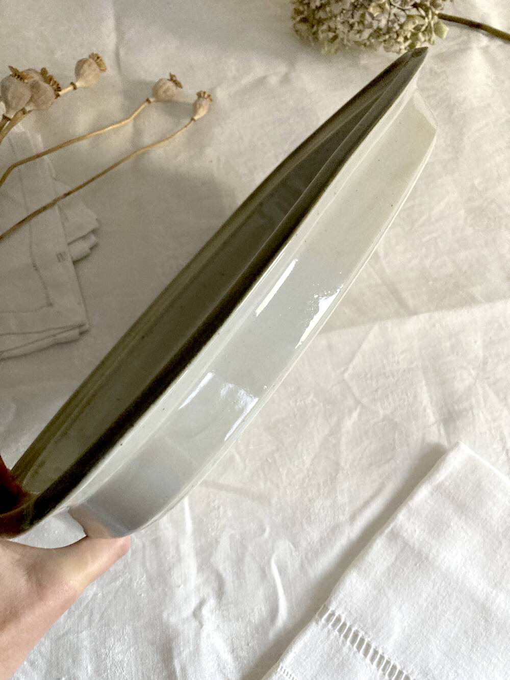 Rectangular stoneware dish, high-fired, Brenne pottery, 1970s-80s