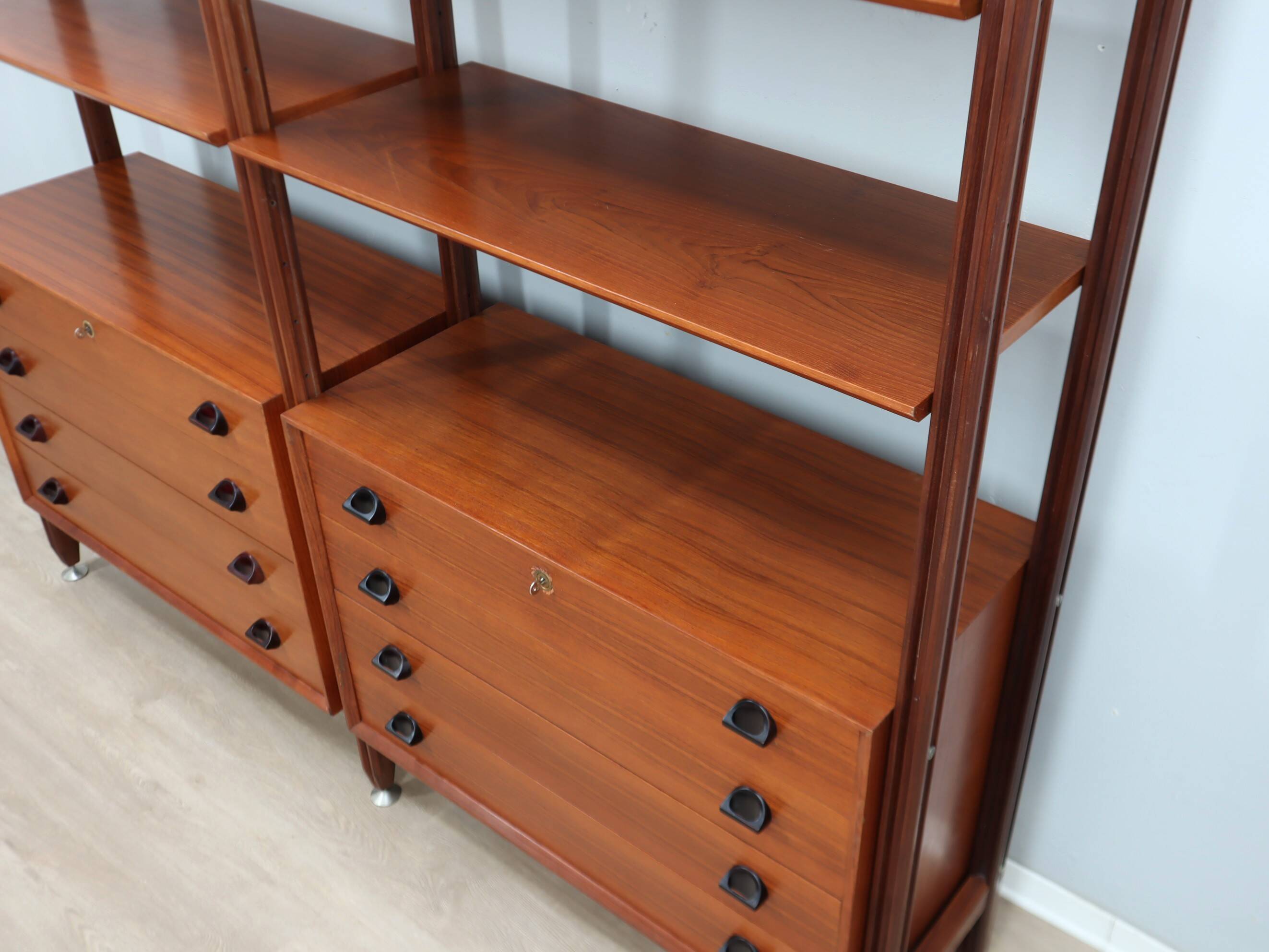 Mid-century modular teak bookcase with drawers and shelves Italy 1960s