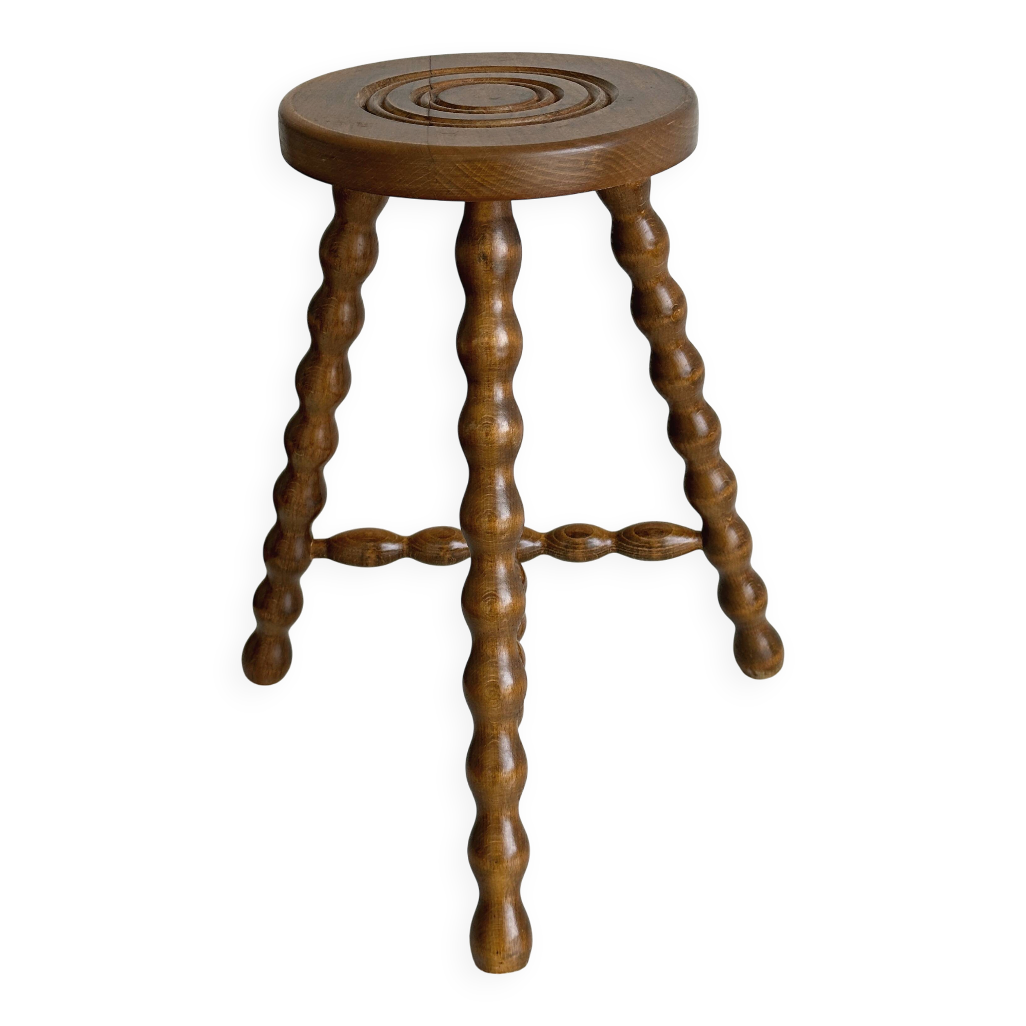 Tabouret tripode ancien en bois torsadé