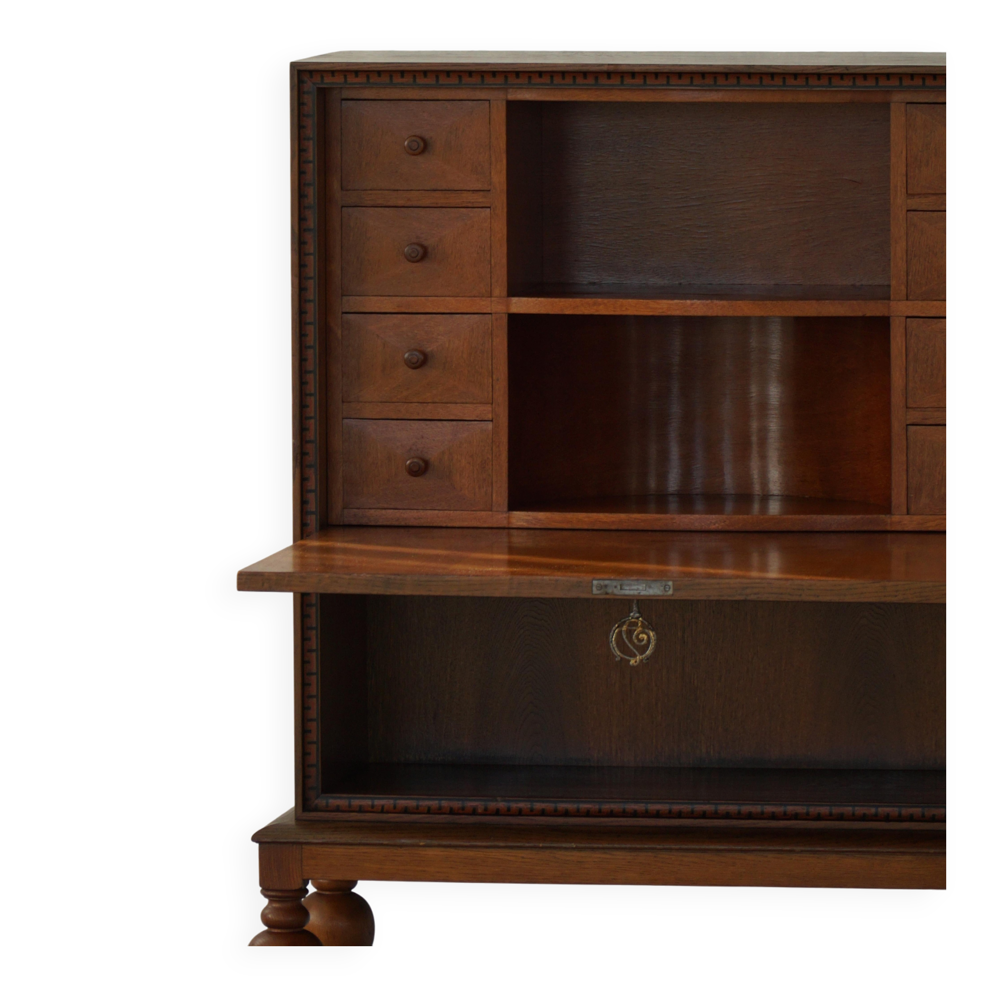 Modern Danish secretary, unique handmade oak, mid-20th century.