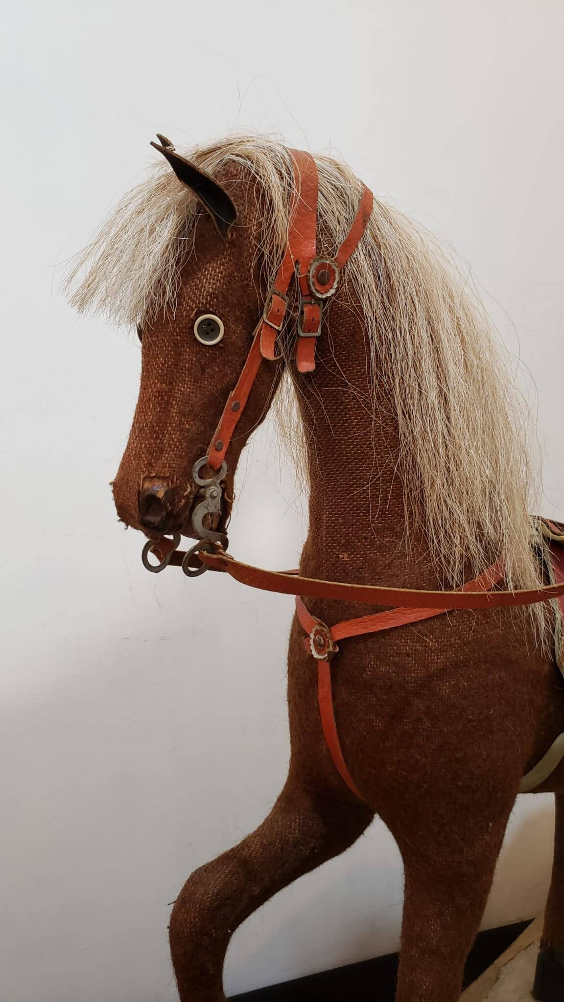 Rocking horse made of wood, fabric and natural horsehair, 1940-1950