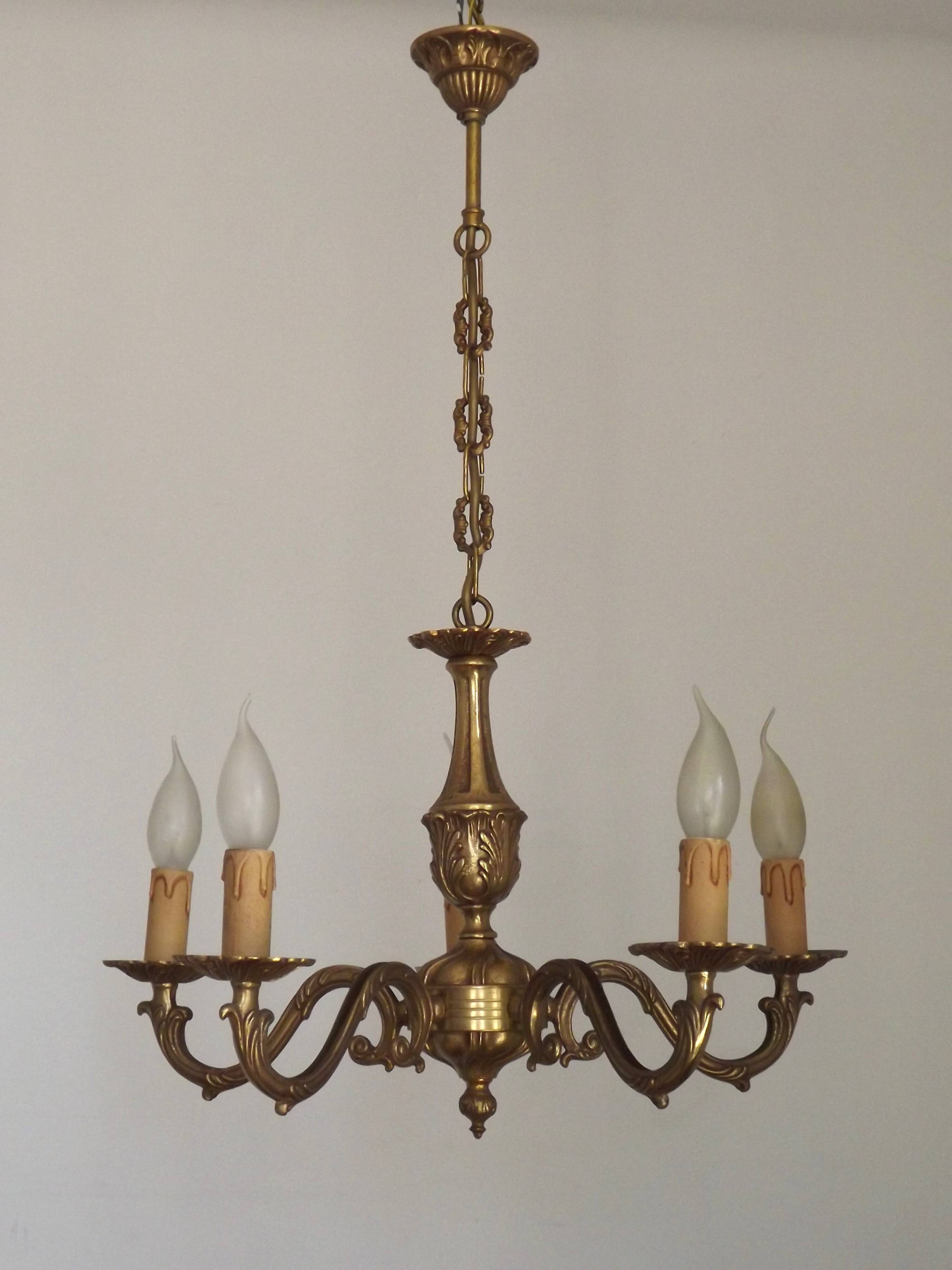 French Vintage Mid Century Bronze 5 Light Traditional Style Chandelier