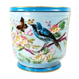 Ancienne jardinière en porcelaine émaillée peinte à la main, France, 19ème siècle