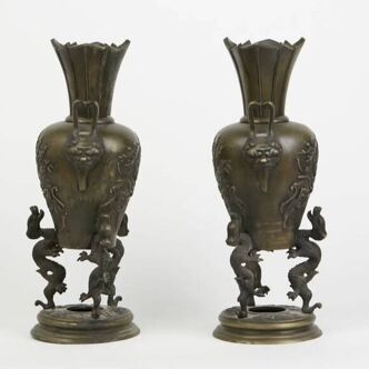 Indochina around 1900 pair of tripod vases with two bronze handles