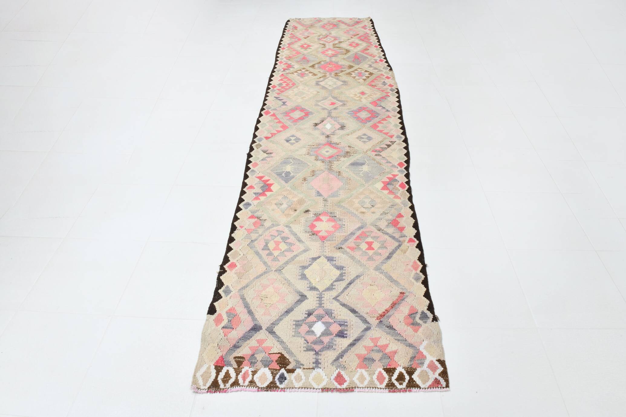 3x12 Pink & Beige Geometric Kilim Runner Rug, 94x378Cm