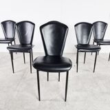 Vintage black leather dining chairs, set of 6, 1980s