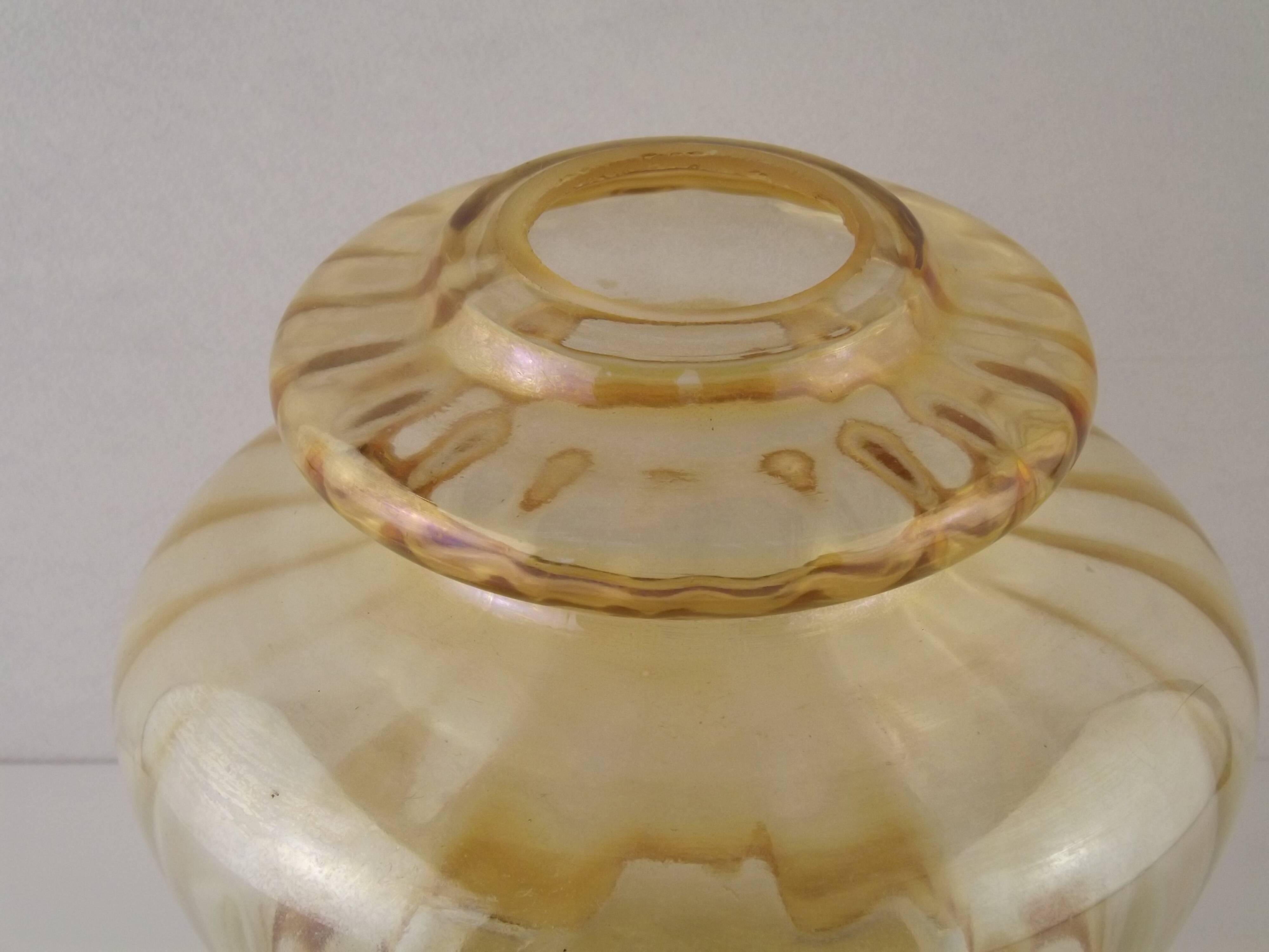 Large Mid Century Amber Glass Light Shade With Ribbed Effect & Frilled Edge