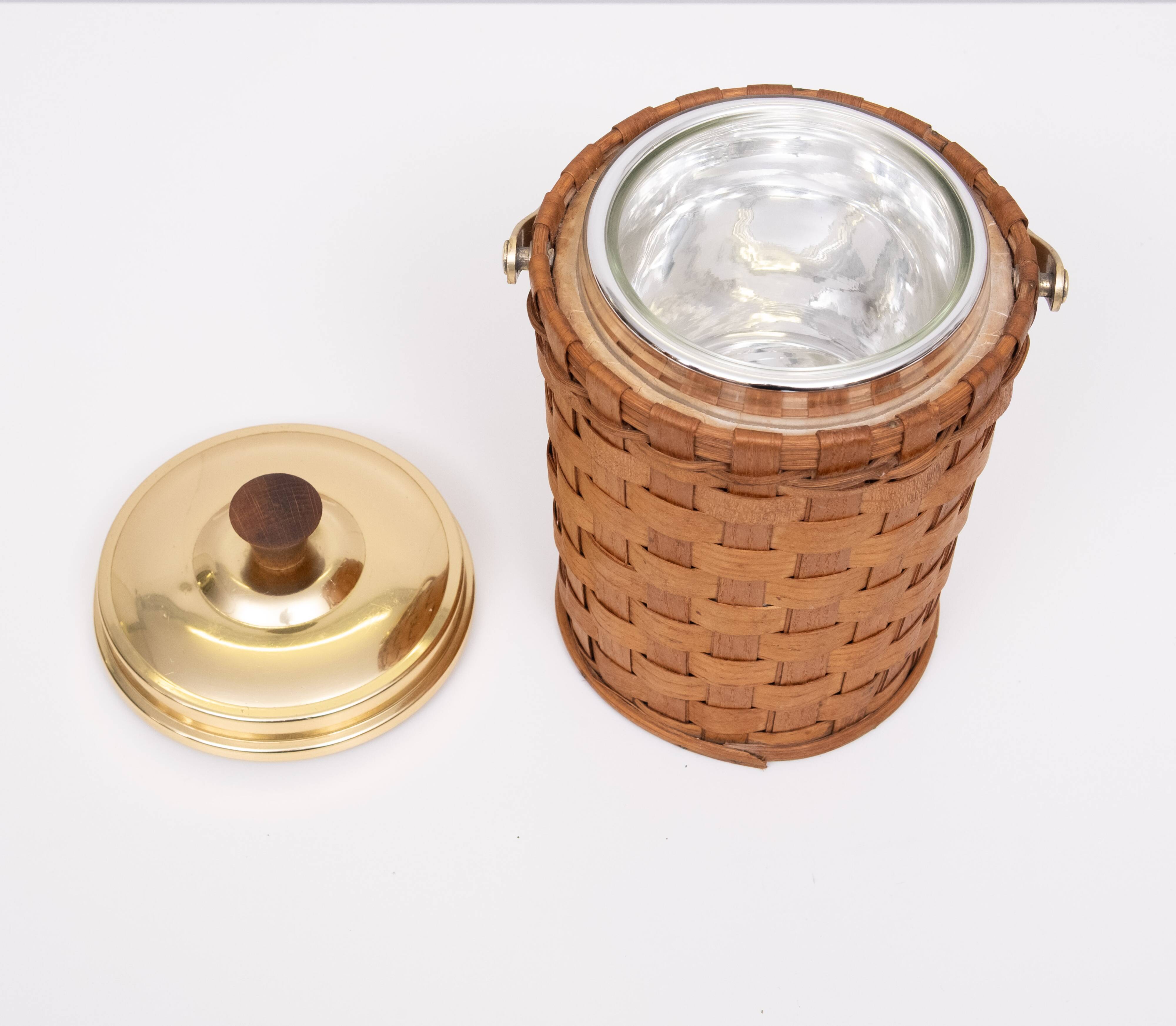 Wicker Ice bucket Brass lid and ice tongs 1960s