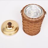 Wicker Ice bucket Brass lid and ice tongs 1960s