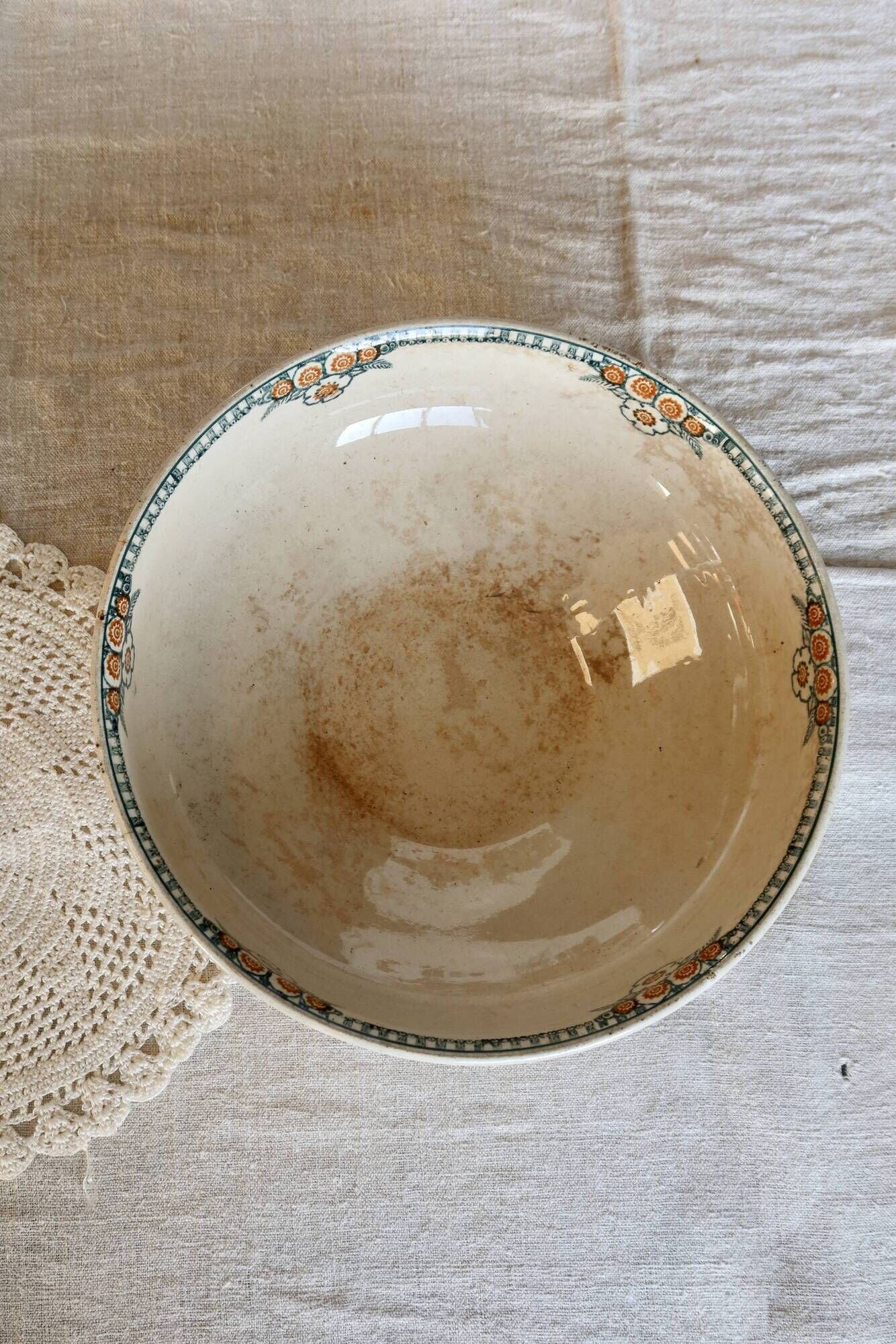 Antique ironstone salad bowl - Patina - Green and orange floral decoration