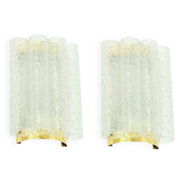 Pair of Mid-Century Ice Glass & Brass Wall Lights - Doria, Germany, 1960s