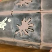 Original vase signed in blue purple glazed terracotta with pink motifs