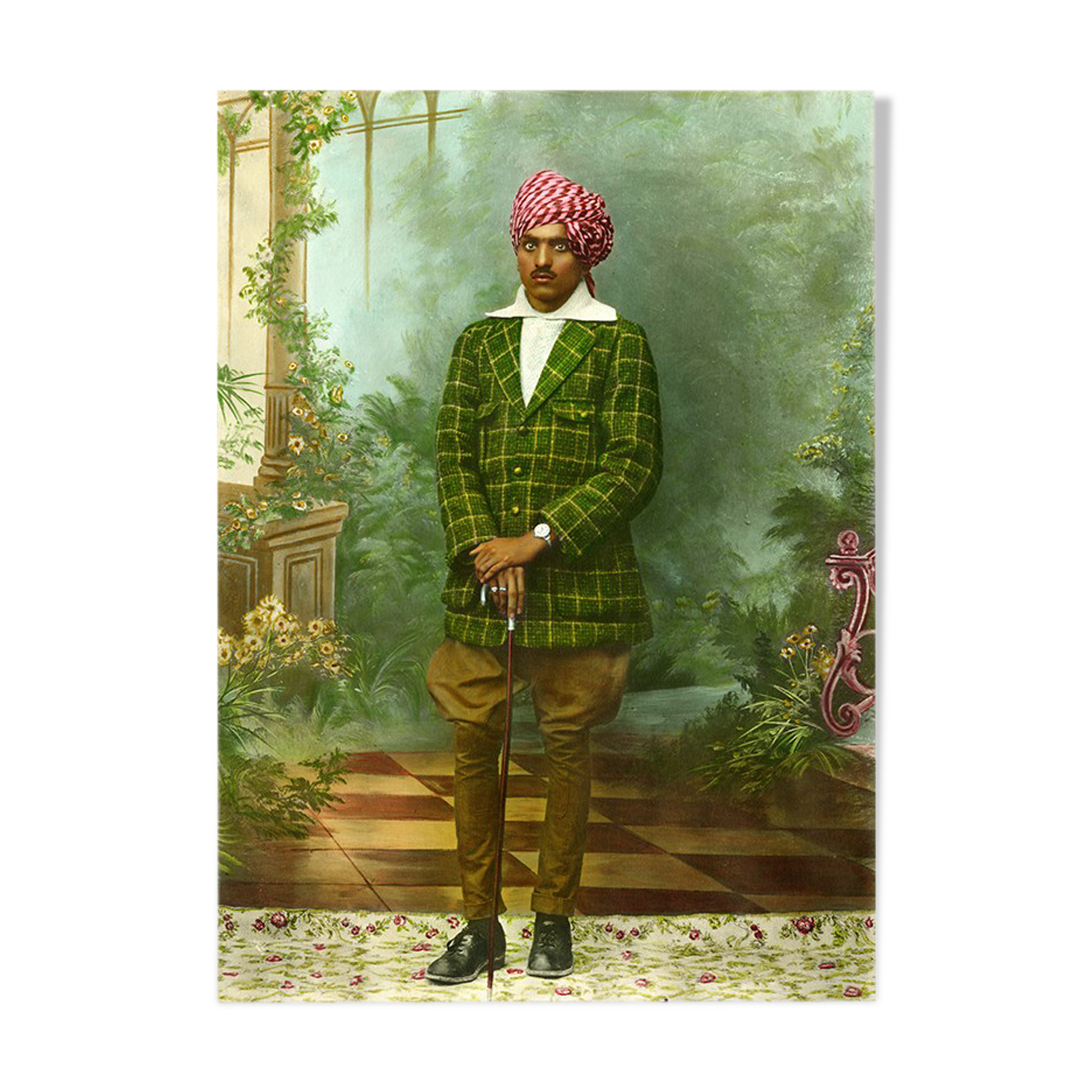 Portrait of a dandy, Rajasthan circa 1920, old colourful photograph