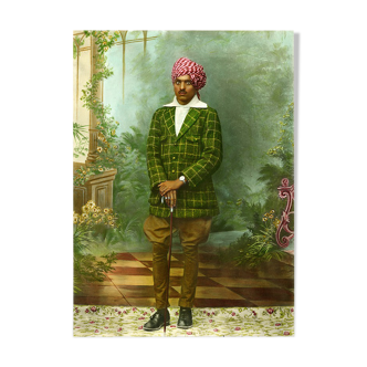 Portrait of a dandy, Rajasthan circa 1920, old colourful photograph