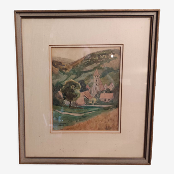 Vintage watercolour of a village in the mountains, signed Barclay