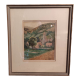 Vintage watercolour of a village in the mountains, signed Barclay