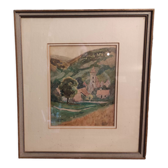 Vintage watercolour of a village in the mountains, signed Barclay