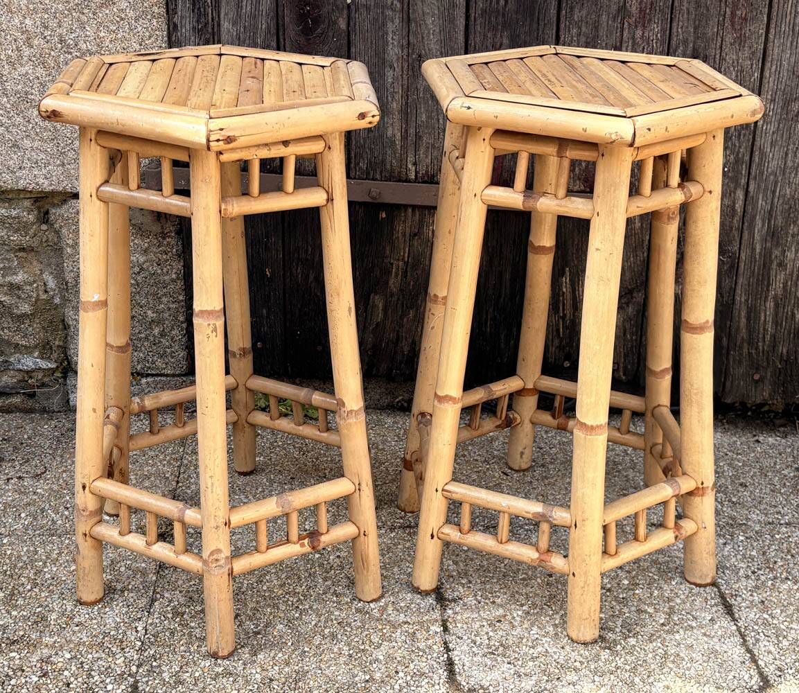 Two high bamboo stools – hexagonal top, vintage, 1970s