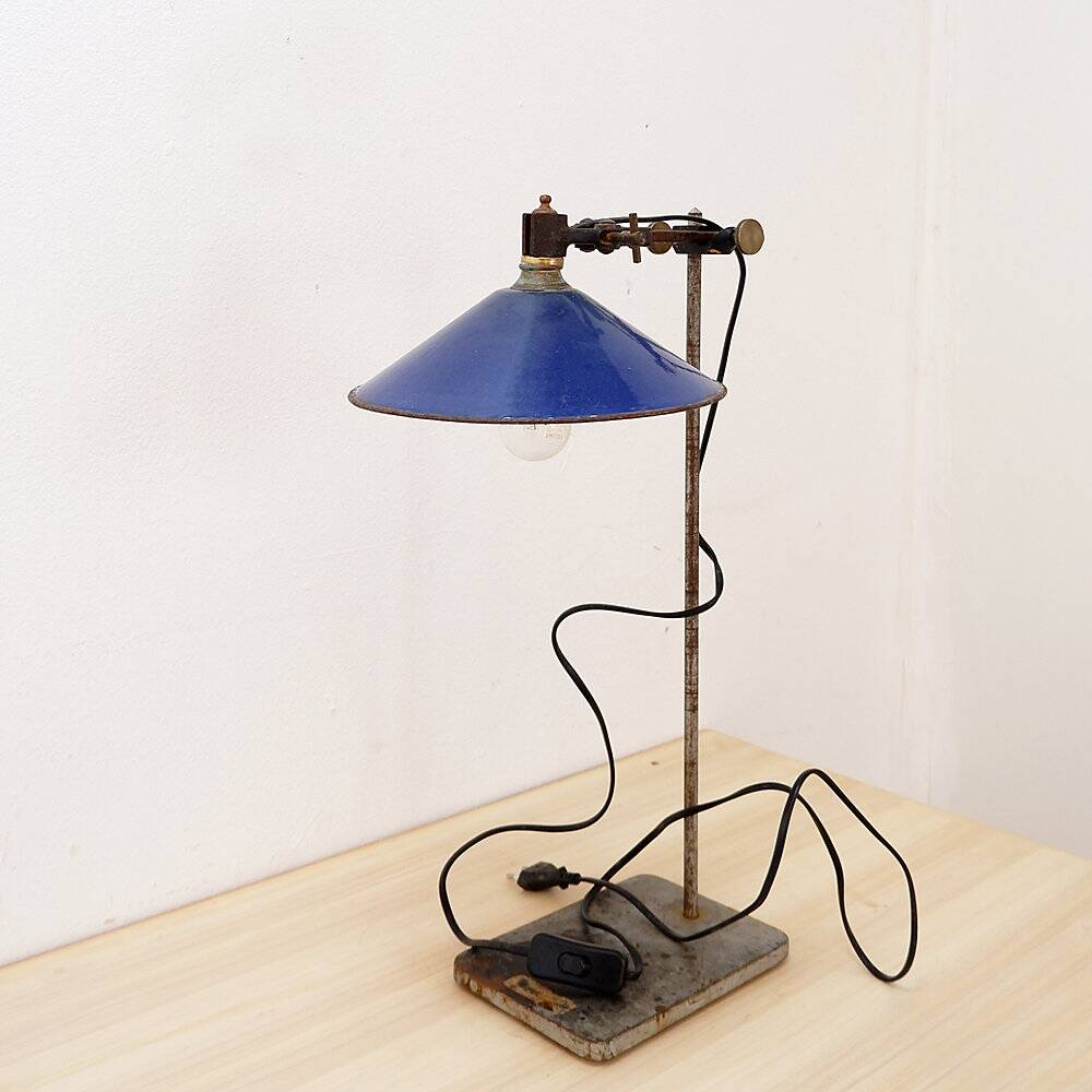 Industrial desk lamp with cobalt blue enamel shade - 1950s