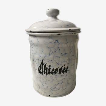 Pot de chicorée vintage en fer émaillé blanc et bleu déco rétro cuisine