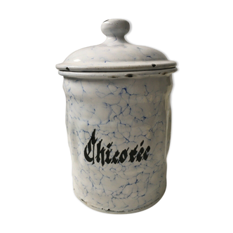 Pot de chicorée vintage en fer émaillé blanc et bleu déco rétro cuisine