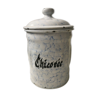 Vintage chicory pot in white enamelled iron and retro blue deco kitchen