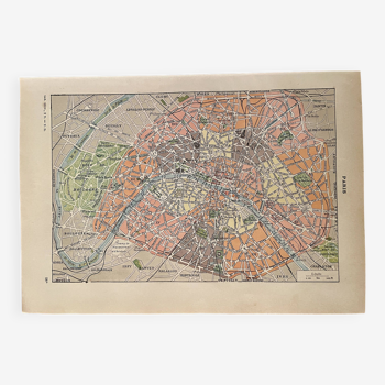 Lithograph map of Paris districts - 1920