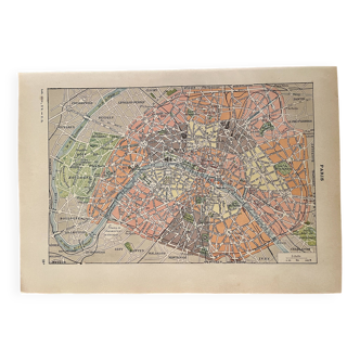 Lithograph map of Paris districts - 1920