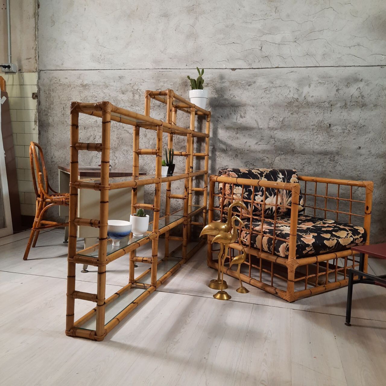 Bookcase, vintage bamboo shelf with glass shelves