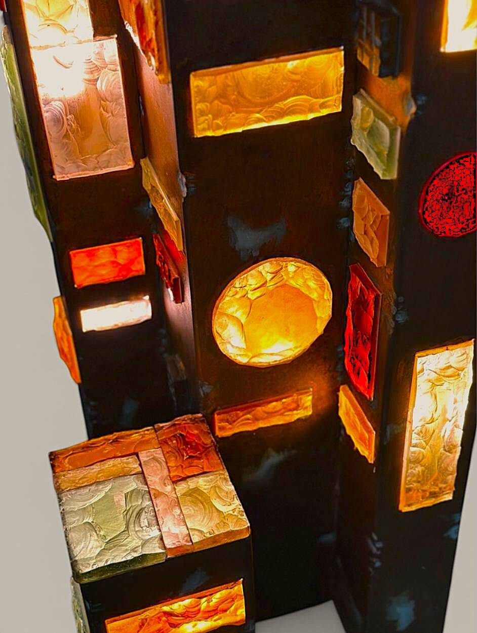 1970s Longobard Floor Lamp – Hammered Glass & Wrought Iron, Italy