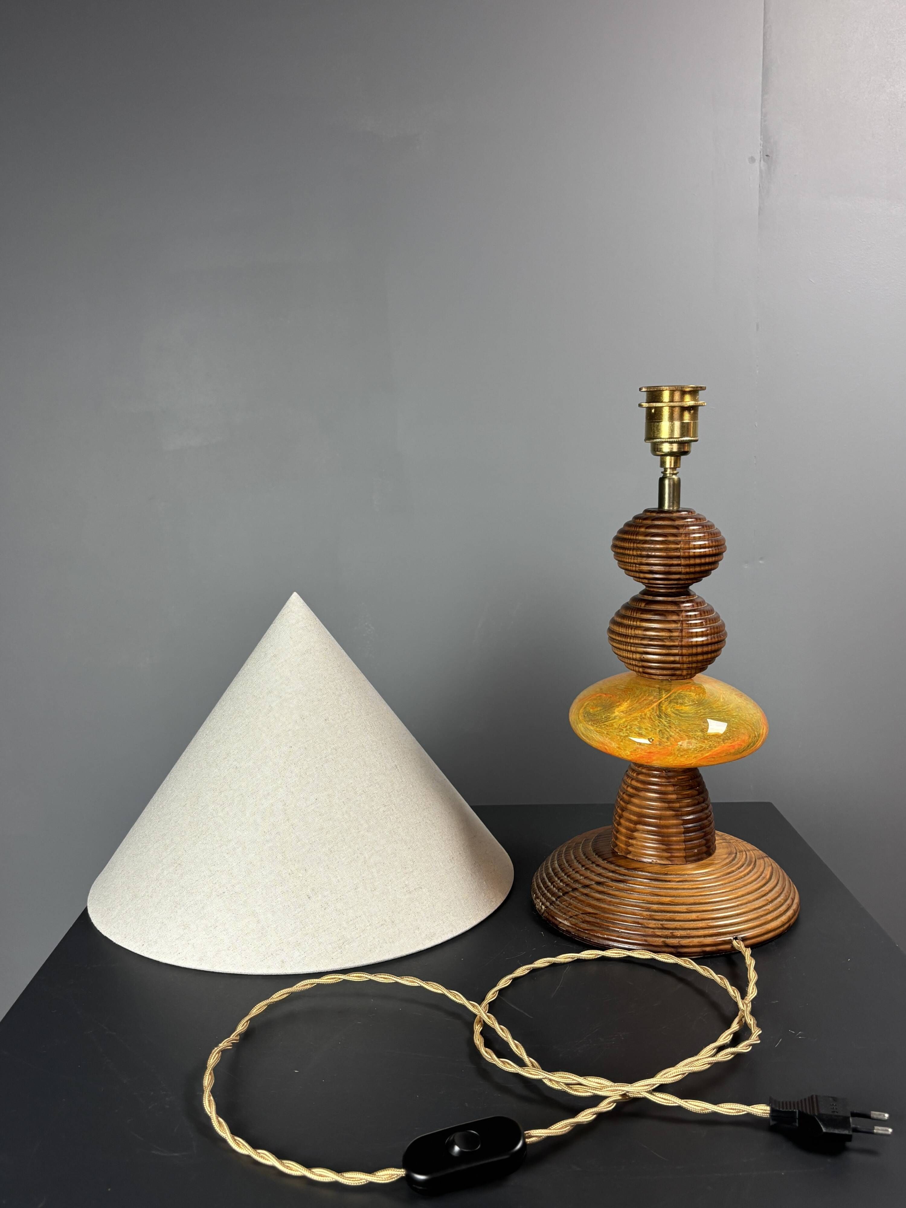 Midcentury wood turned adjustable table lamp with glass sphere, 1970s