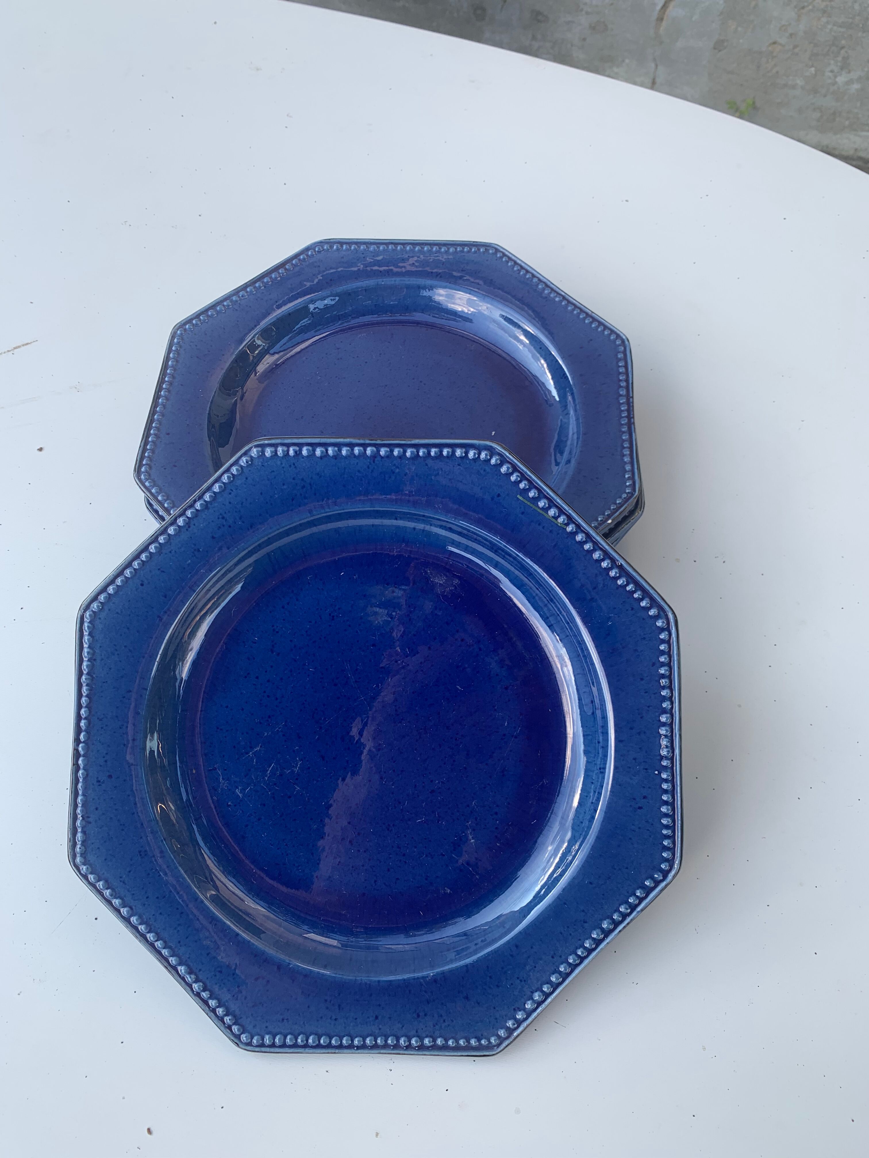 4 octagonal flat plates terre de Provence blue ceramic glazed vintage