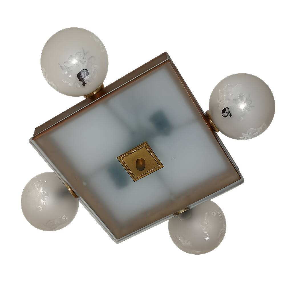 Mid-century vintage chandelier, 1950s, brass, wood and frosted glass, 4x E1