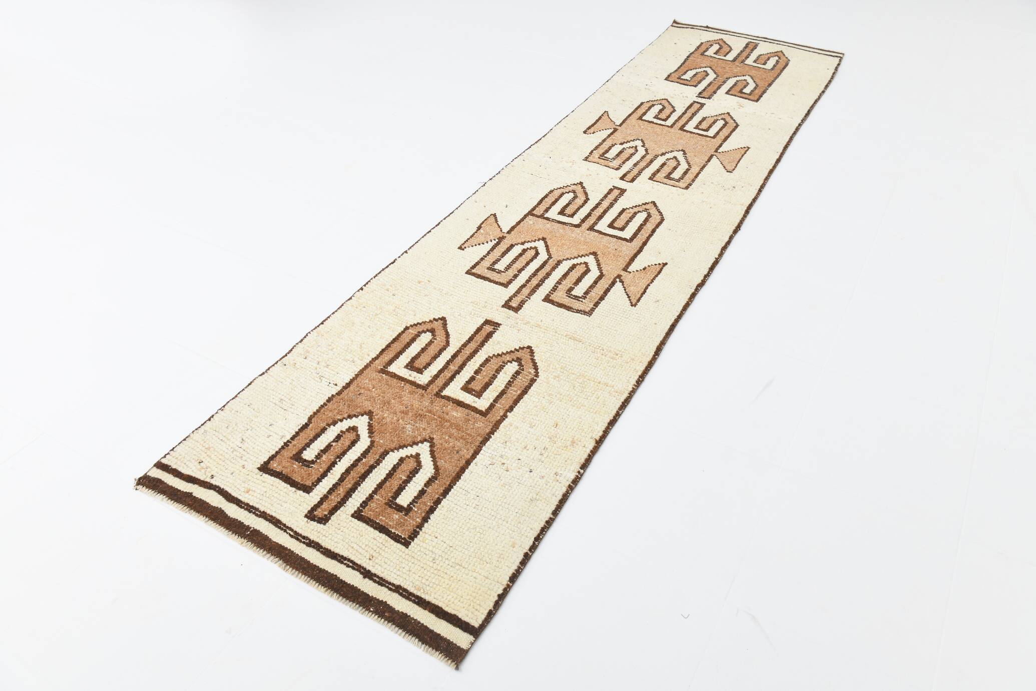 Beige Brown Oriental Persian Runner Rug, 88x351Cm