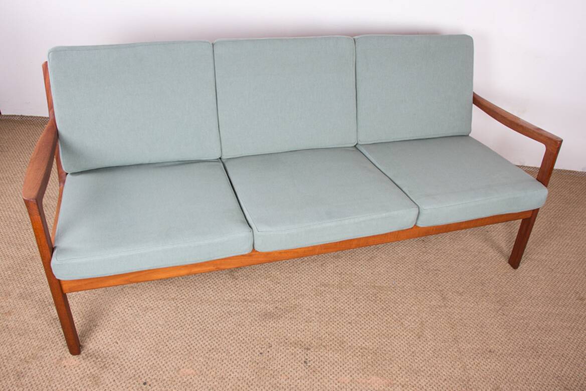 Danish 3-seater sofa in teak and new fabric, Senator model Ole Wanscher, France & Son.